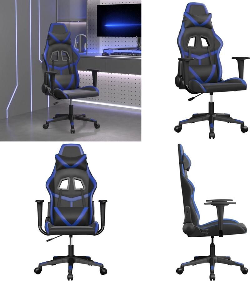 VidaXL Massage gamestoel kunstleer zwart en blauw Gamingstoel Gamingstoelen Televisiestoel Computer Stoel