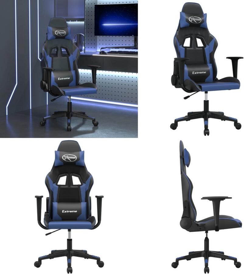 VidaXL Massage gamestoel kunstleer zwart en blauw Gamingstoel Gamingstoelen Televisiestoel Racingstoel