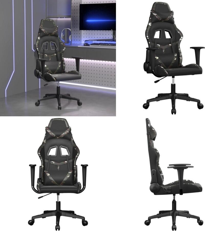 VidaXL Massage gamestoel kunstleer zwart en camouflage Gamingstoel Gamingstoelen Televisiestoel Computer Stoel
