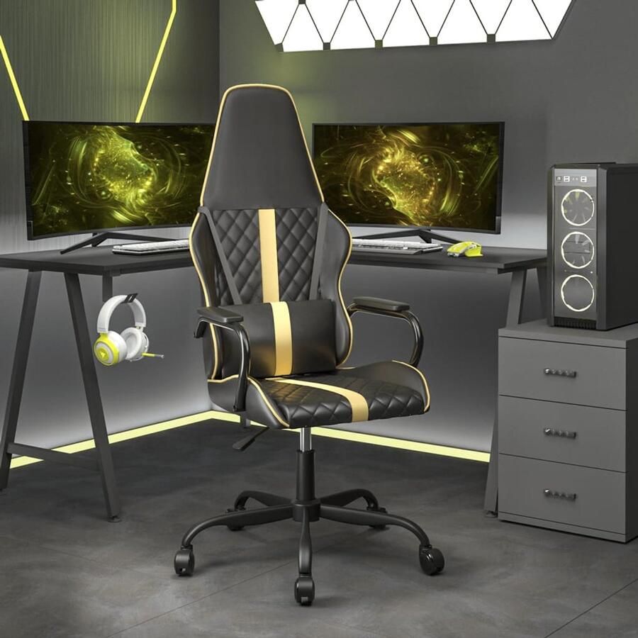 The Living Store Massage gamestoel kunstleer zwart en goudkleurig Massage Fauteuil Gamingstoel Kantoorstoel Ergonomische Stoel Lederlook Stoel - Foto 2