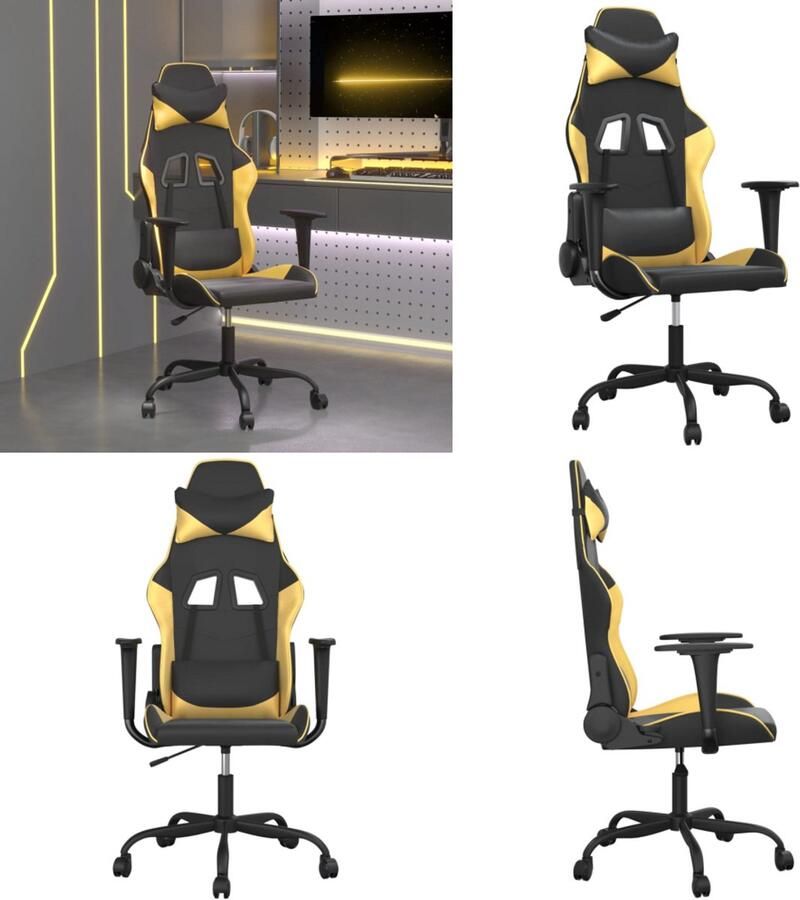 VidaXL Massage gamestoel kunstleer zwart en goudkleurig Gamingstoel Gamingstoelen Televisiestoel Computer Stoel
