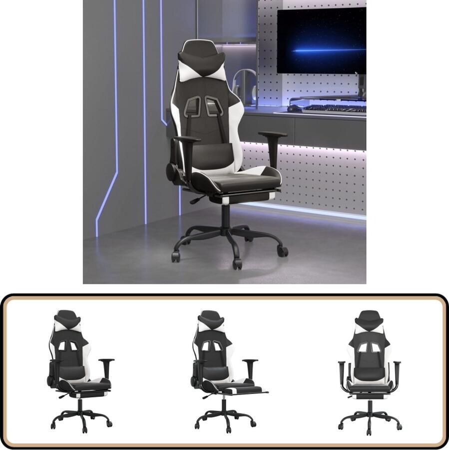 VidaXL Massage Gamestoel Kunstleer Zwart & Wit Gamestoel Gamingstoel Massage Functie Kantoorstoelen Bureaustolen Computerstoel Zwarte Stoel Witte Stoel Verstelbaar Ergonomische Stoel