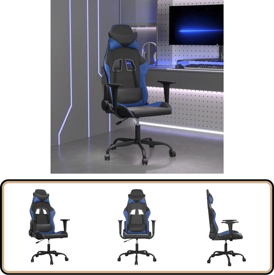 VidaXL Massage Gamestoel Kunstleer Zwart Blauw Gamestoel Gamingstoel Ergonomische Stoel Massagestoel Bureaustoel