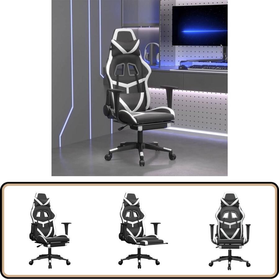 VidaXL Massage Gamestoel Kunstleer Zwart Wit Gamestoel Gamingstoel Ergonomische Stoel Massagestoel Bureaustoel Computerstoelen Zwarte Stoel Witte Stoel