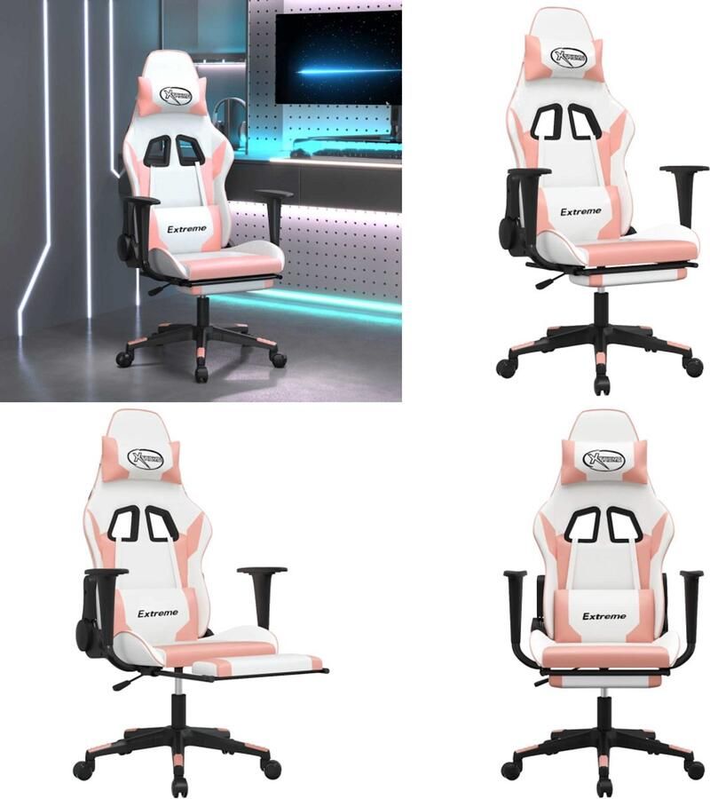 VidaXL Massage gamestoel met voetensteun kunstleer wit en roze Gamingstoel Gamingstoelen Televisiestoel Racingstoel