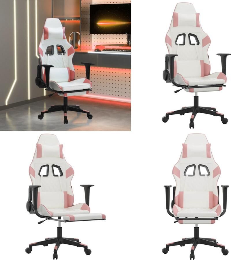 VidaXL Massage gamestoel met voetensteun kunstleer wit en roze Gamingstoel Gamingstoelen Televisiestoel Racingstoel