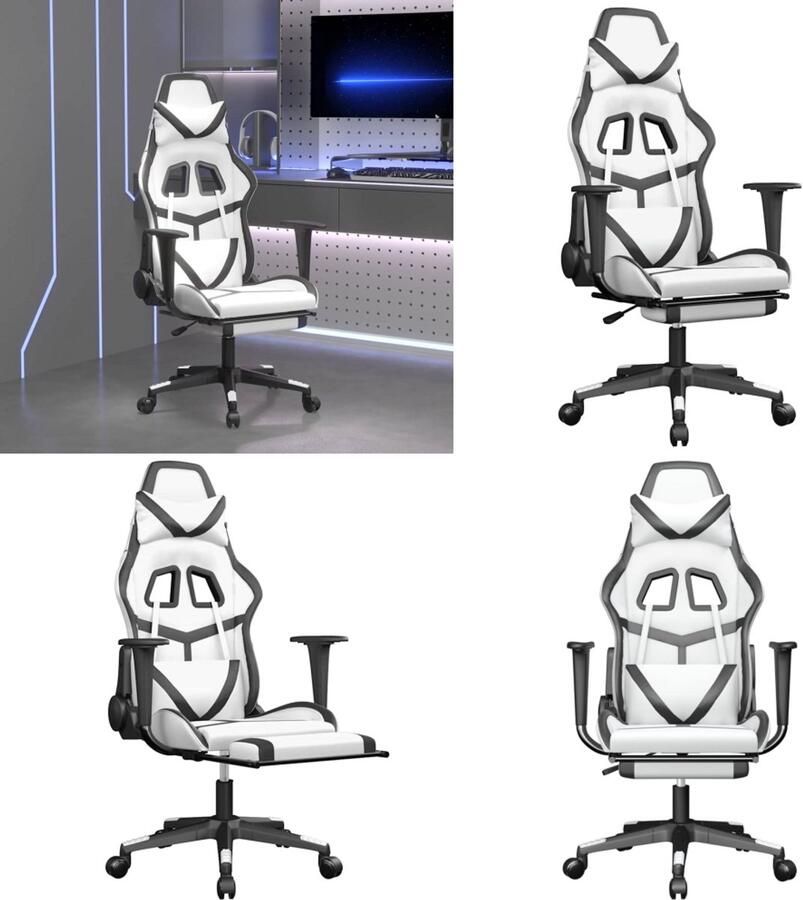 VidaXL Massage gamestoel met voetensteun kunstleer wit en zwart Gamingstoel Gamingstoelen Televisiestoel Racingstoel