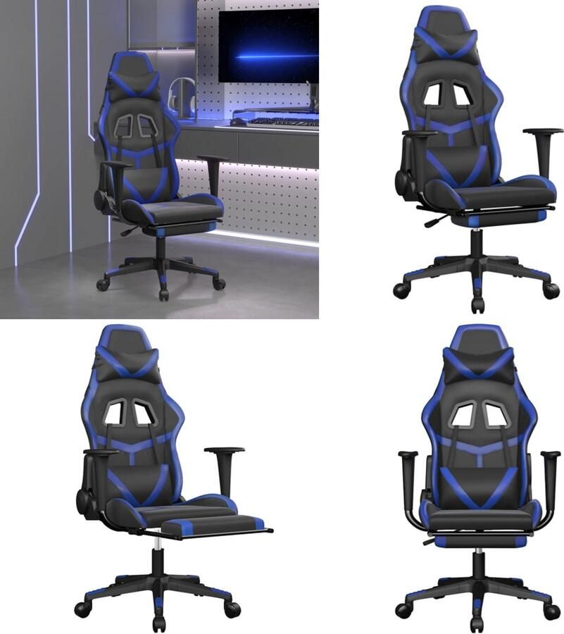 VidaXL Massage gamestoel met voetensteun kunstleer zwart en blauw Gamingstoel Gamingstoelen Televisiestoel Racingstoel