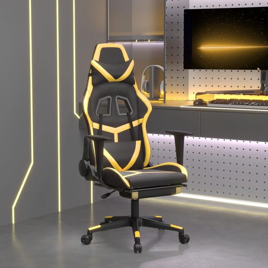 VidaXL Massage gamestoel met voetensteun kunstleer zwart &- goudkleurig Gamingstoel Gamingstoelen Televisiestoel Racingstoel