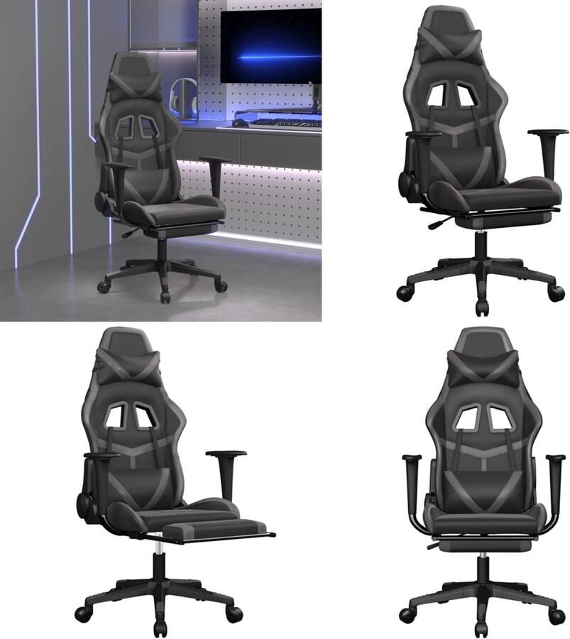 VidaXL Massage gamestoel met voetensteun kunstleer zwart en grijs Gamingstoel Gamingstoelen Televisiestoel Racingstoel
