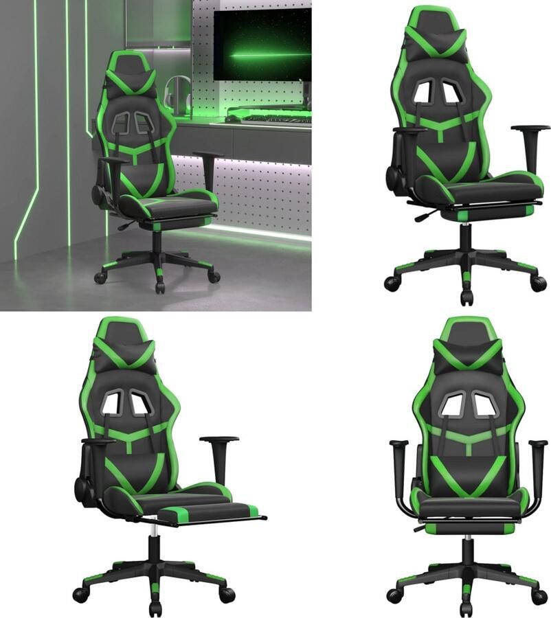 VidaXL Massage gamestoel met voetensteun kunstleer zwart en groen Gamingstoel Gamingstoelen Televisiestoel Racingstoel