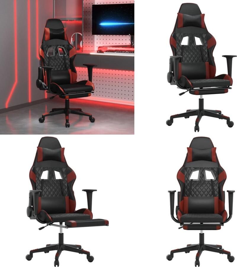 VidaXL Massage gamestoel met voetensteun kunstleer zwart en wijnrood Gamingstoel Gamingstoelen Televisiestoel Racingstoel