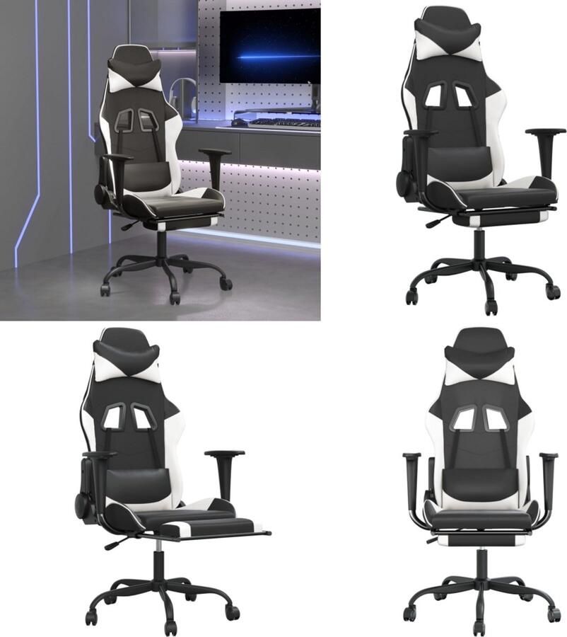 VidaXL Massage gamestoel met voetensteun kunstleer zwart & wit Gamingstoel Gamingstoelen Televisiestoel Racingstoel
