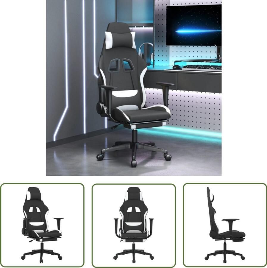 VidaXL Massage Gamestoel met Voetensteun Zwart Wit Gamestoel Gamingstoel Massagestoel Bureaustoel Computerstoelen Ergonomische Stoel Kantoorstoel Zwarte Stoel Witte Stoel