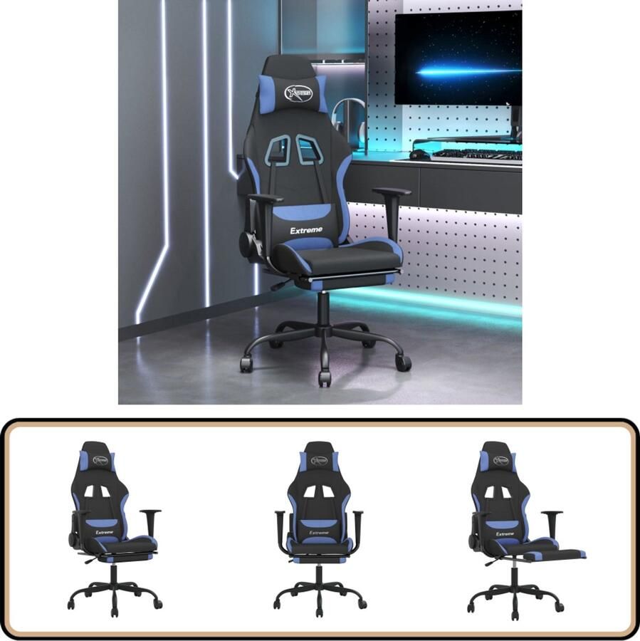 VidaXL Massage Gamestoel Verstelbaar Zwart Blauw Gamestoel Gamingstoel Massage Fauteuil Ergonomische Stoel Bureaustoel