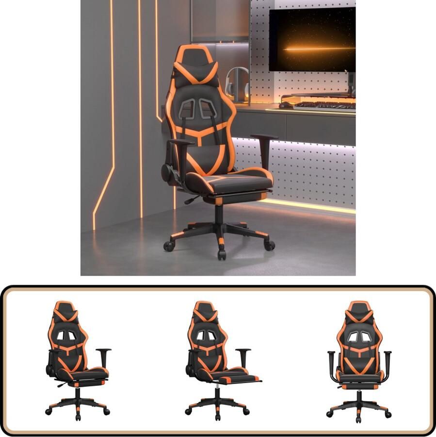 VidaXL Massage Gamestoel Voetensteun Zwart Oranje Gamestoel Gamingstoel Massagefunctie Verstelbare Rugleuning Kunstleder Zwarte Gamestoel Oranjekleur