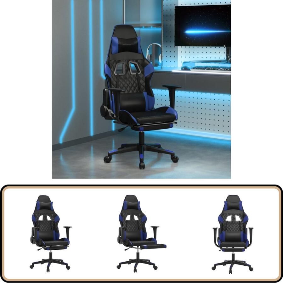 VidaXL Massage Gamestoel Zwart en Blauw Kunstleer Gamestoel Gamingstoel Pc Stoel Bureaustoel Massagestoel Ergonomische Stoel Zwarte Stoel Blauwe Stoel Kunstleder