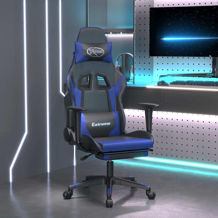 VidaXL Massage Gamestoel Zwart Blauw Met Voetensteun Gamestoel Gamingstoel Esports Stoel Ergonomische Stoel Massage Functie