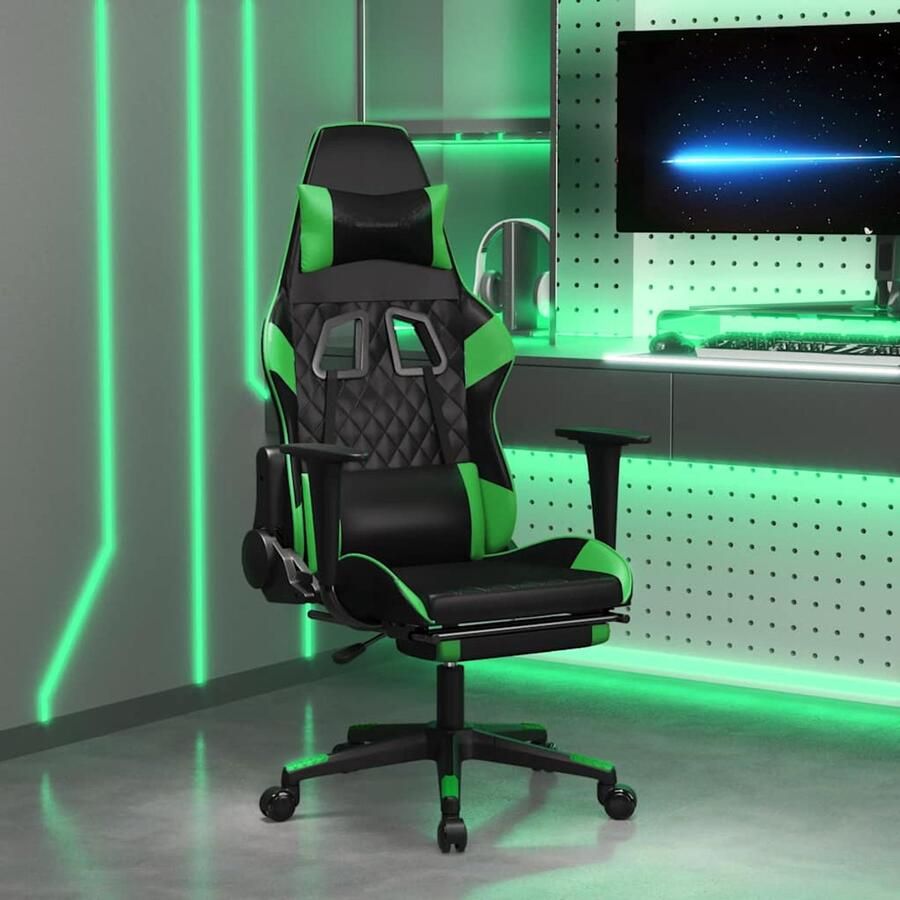 VidaXL Massage gamestoel met voetensteun kunstleer zwart en groen Gamingstoel Gamingstoelen Televisiestoel Racingstoel