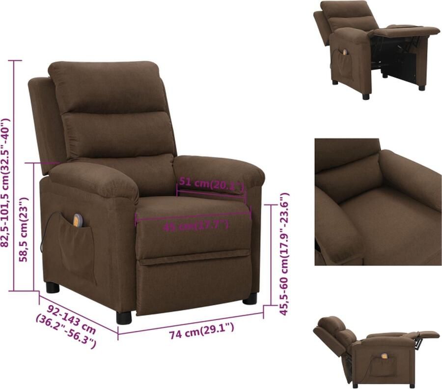 VidaXL Massagefauteuil Verstelbaar Bruin 74 x 92 x 101.5 cm (B x D x H) Fauteuil - Foto 2