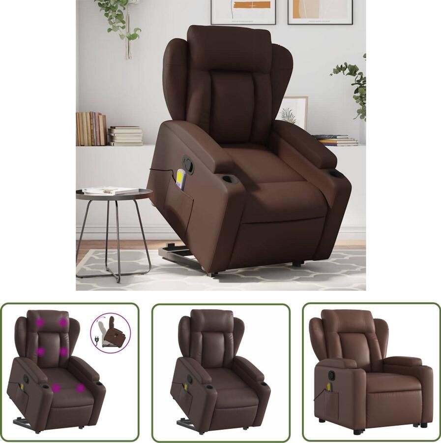 The Living Store Sta-op-massagestoel verstelbaar kunstleer bruin Sta-op Massagerstoel Massage Stoel Elektrisch Bedienbare Stoel Bruine Fauteuils Loungestoel