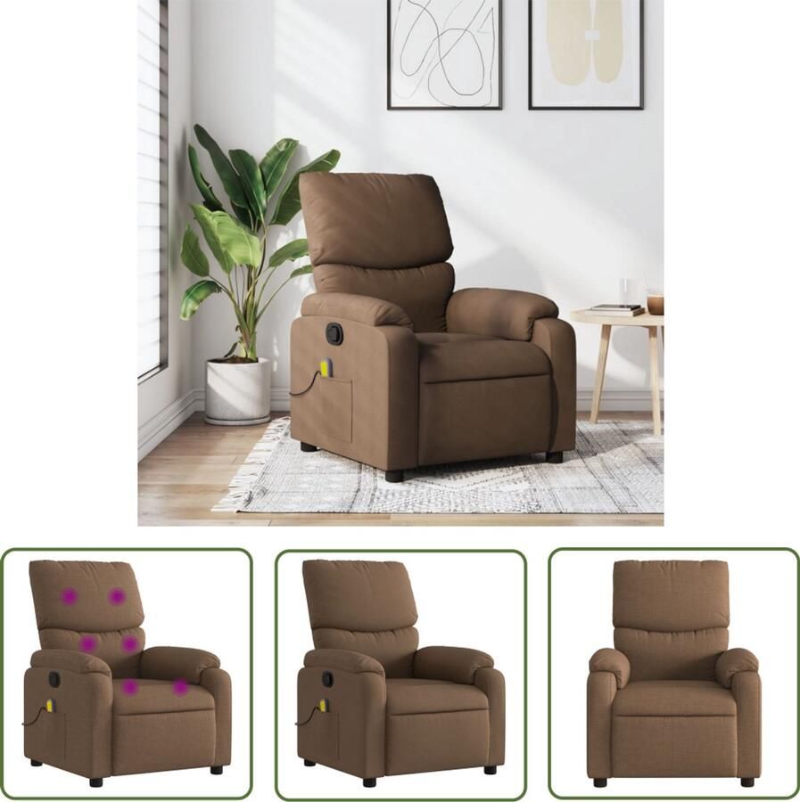 The Living Store Massagestoel verstelbaar stof bruin Massagestoel Relaxstoel Loungestoel Elektrische Massage Trillingmassage