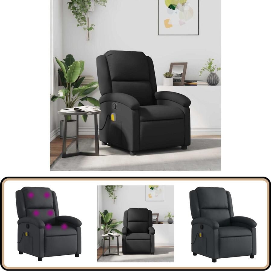 VidaXL Massagestoel echt leer zwart Massagestoel Lederen Fauteuil Relaxfauteuil Elektrische Massage Wellnessstoel