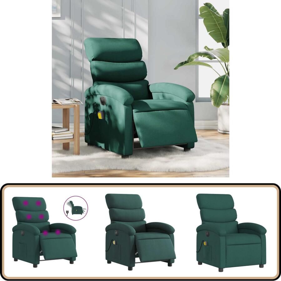 VidaXL Massagestoel Elektrisch Verstelbaar Stof Donkergroen Elektrische Massagestoel Massagerugkussen Relaxstoel Ergonomische Stoel Lounge Stoel