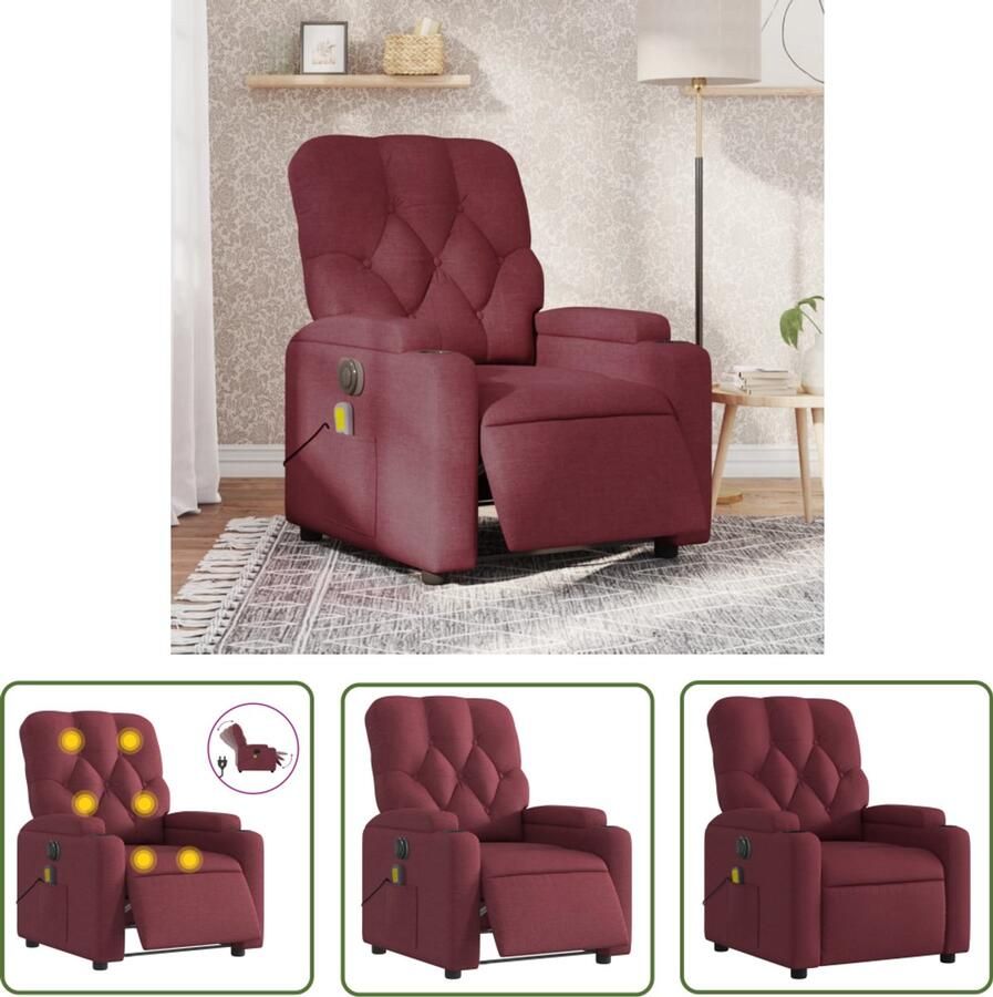 The Living Store Massagestoel elektrisch verstelbaar stof wijnrood Elektrische Massagestoel Massagefauteuil Lounge Stoel Ergonomische Stoel Voetenbank