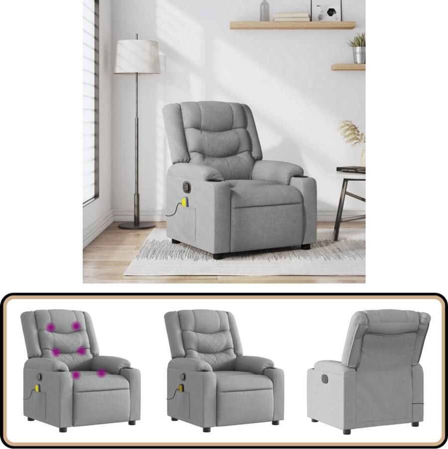 The Living Store Massagestoel verstelbaar stof lichtgrijs Massagestoel Verstelbare Stoel Lounge Stoel Relaxstoel Elektrische Massage