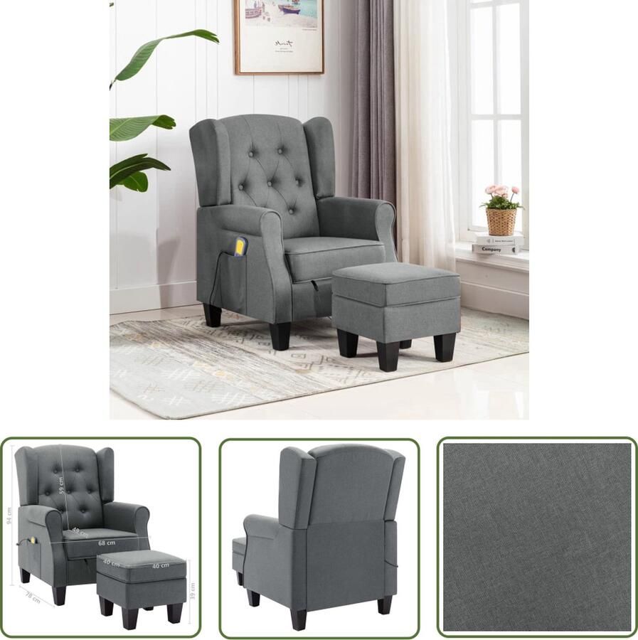 The Living Store Massagestoel met voetenbank Stof Houten voeten Hoge rugleuning 4 rug- en zitvlakmassagepunten 2 beenmassagepunten Verschillende massageprogrammas USB-aansluiting Lichtgrijs - Foto 2