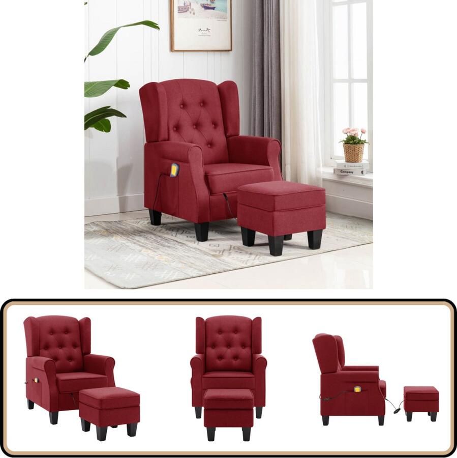VidaXL Massagestoel met voetenbank Wijnrood Stof Massagestoel Elektrisch Masseren Massagefauteuil Lounge Stoel Relaxstoel