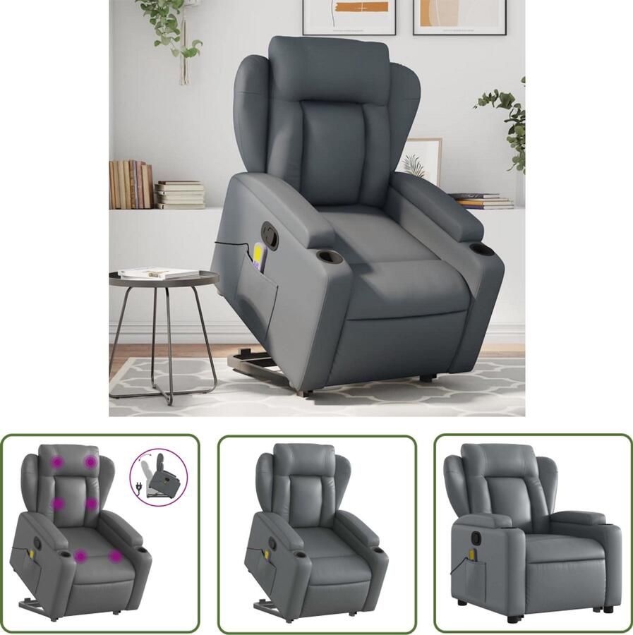 VidaXL Massagestoel Relaxfauteuil Sta-op-massagestoel verstelbaar kunstleer grijs Elektrisch Bedienbare Stoel Sta-op Stoel Loungestoel