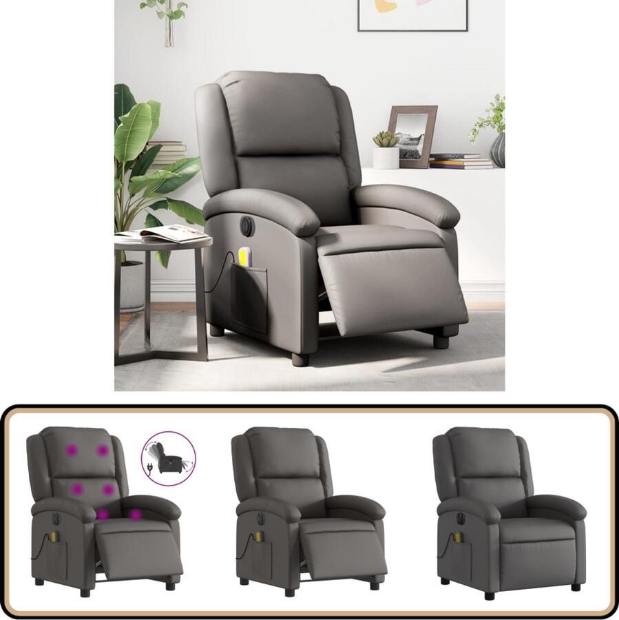 VidaXL Massagestoel Verstelbaar Echt Leer Grijs Elektrisch Verstelbare Massagestoel Elektrisch Verstelbare Massagestoelen Massagestoel Fauteuil