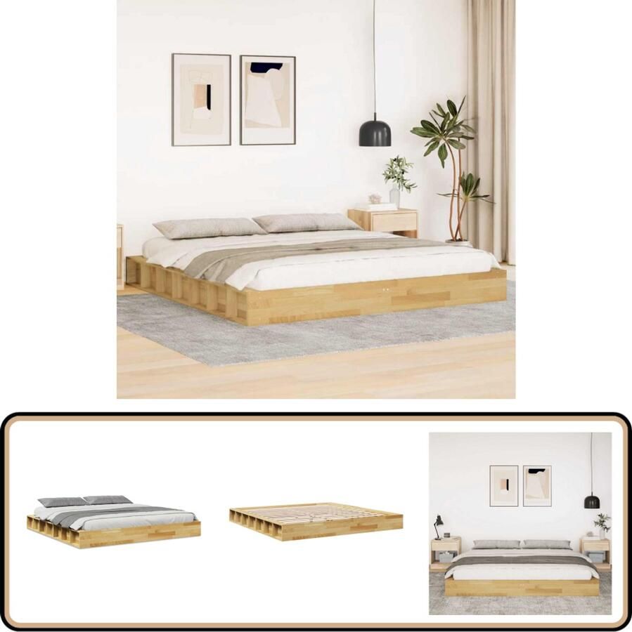 VidaXL Massief Eikenhouten Bedframe 200x200 cm Massief Houten Bed Eiken Bedframe Tweepersoonsbed Boxspring Bed Luxe Bed Moderne Slaapkamer Landelijk Bed Minimalistisch Bed Slaapcomfort Kwaliteitsbed