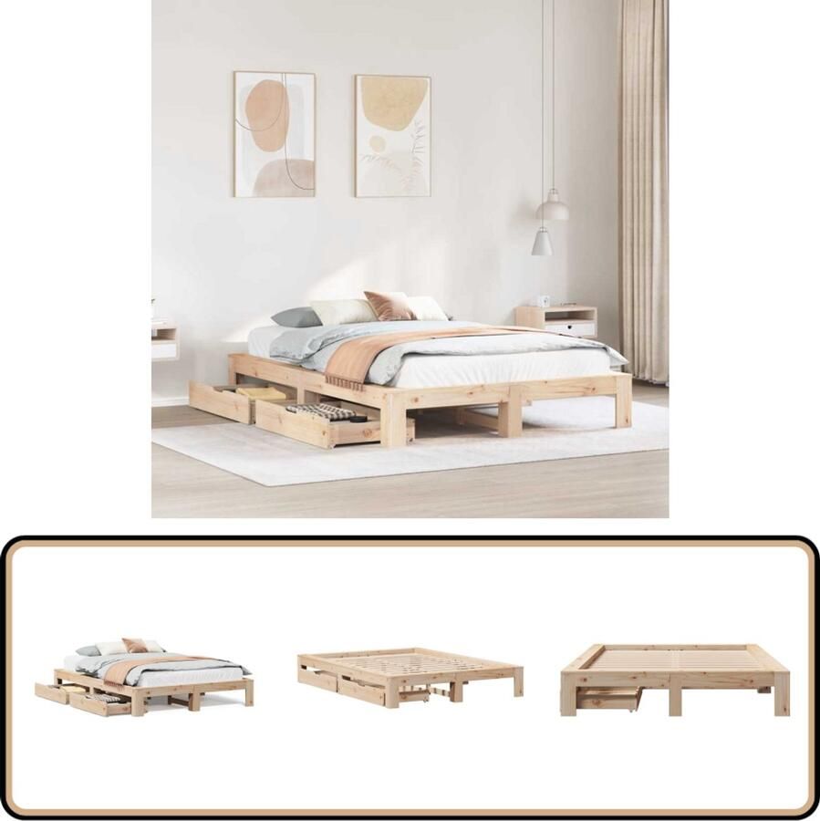 VidaXL Massief Grenen Bedframe 140x190 cm met Lades Massief Houten Bed Frame Grenen Bed Tweepersoons Bed Met Lade Slaapkamers Meubels