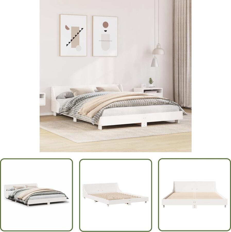 The Living Store Rustiek Massief Grenen Houten Bedframe 203.5 x 143.5 x 52 cm Wit Houten Bed Frame Massief Grenenhout Bed Tweepersoons Bed Wit Bed Modern Bed