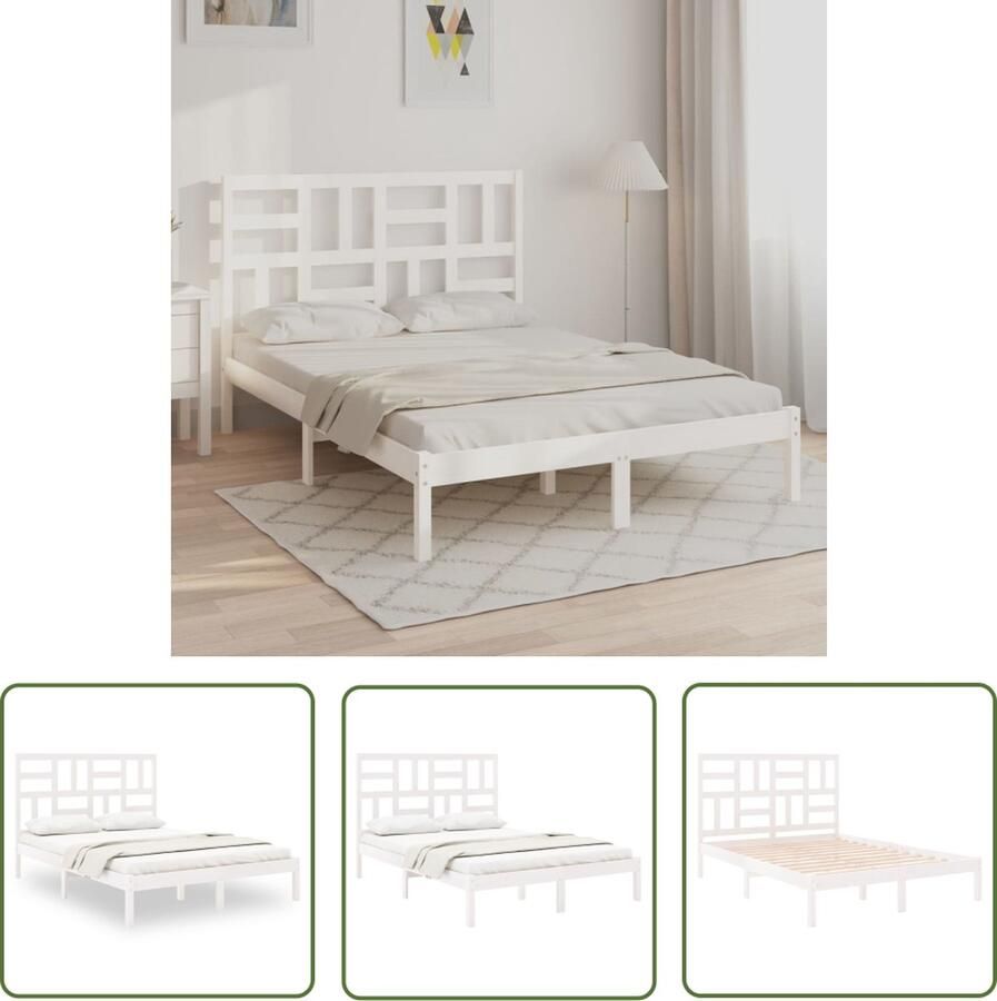 The Living Store Houten Bedframe Grenenhout 195.5 x 141 x 104 cm Comfortabel hoofdeinde Houten Bedframe Massief Grenenhout Bedframe Wit Tweepersoons Bed Boxspring Bed