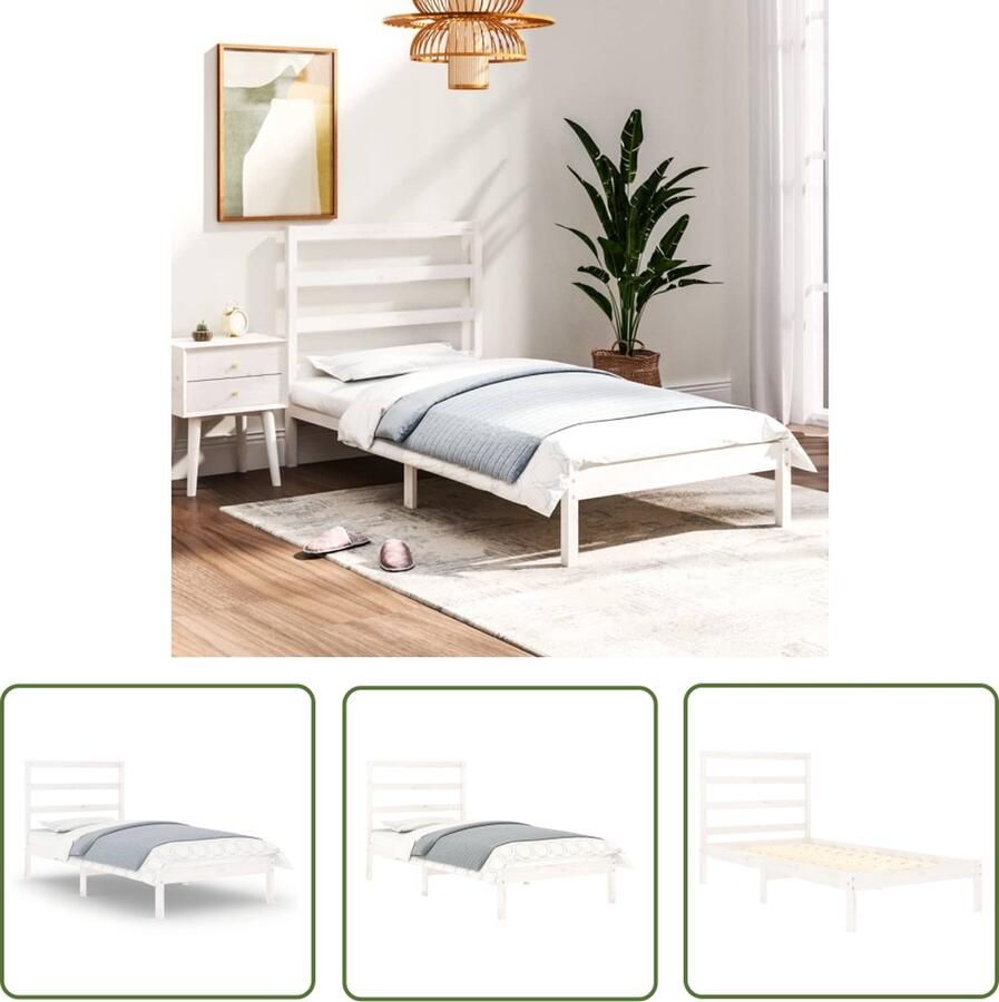 The Living Store Houten bedframe 195.5 x 81 x 100 cm Massief grenenhout Wit Houten Bedframe Massief Grenenhout Bedframe Wit Enkel Bed Klein Tweepersoonsbed