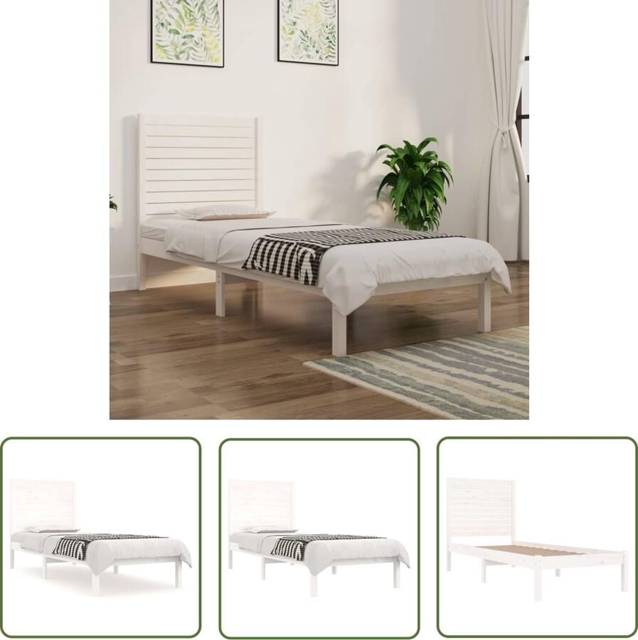 The Living Store Bedframe Massief grenenhout 195.5 x 81 x 100 cm Wit Houten Bedframe Massief Grenenhout Enkel Bed Klein Tweepersoonsbed Wit Bed