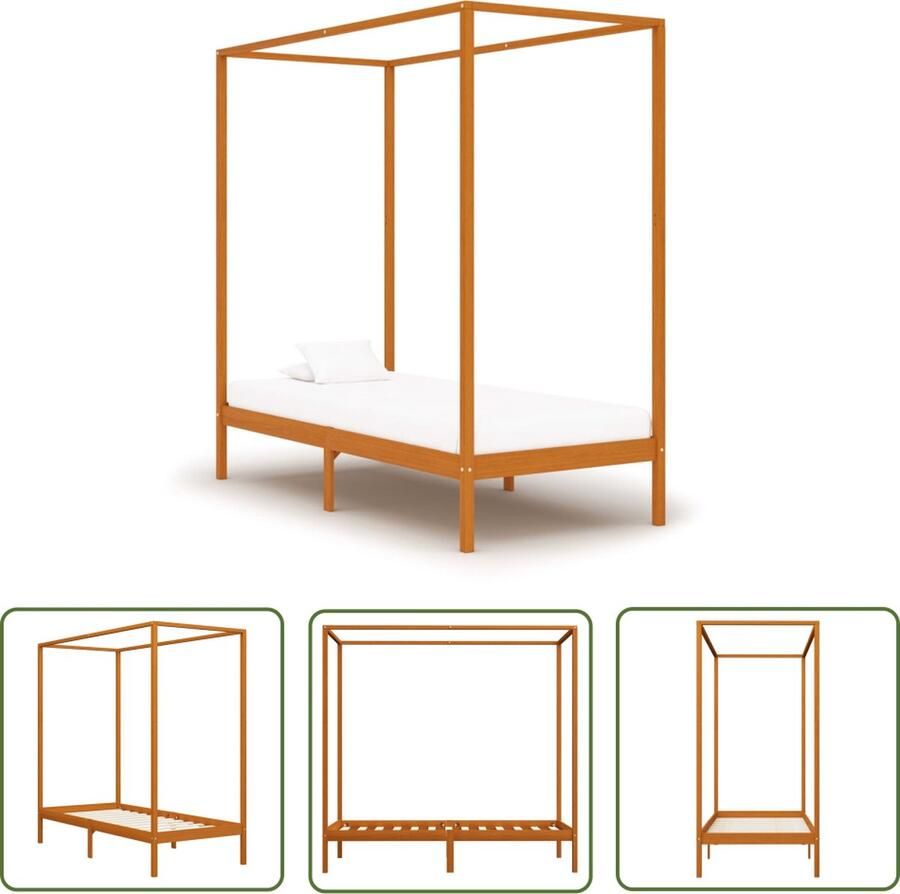 The Living Store Hemelbedframe Massief grenenhout 204 x 94 x 200cm Honingbruin Hemelbed Massief Hout Bed Grenenhout Bed Honigbruin Bed Tweepersoon Bed