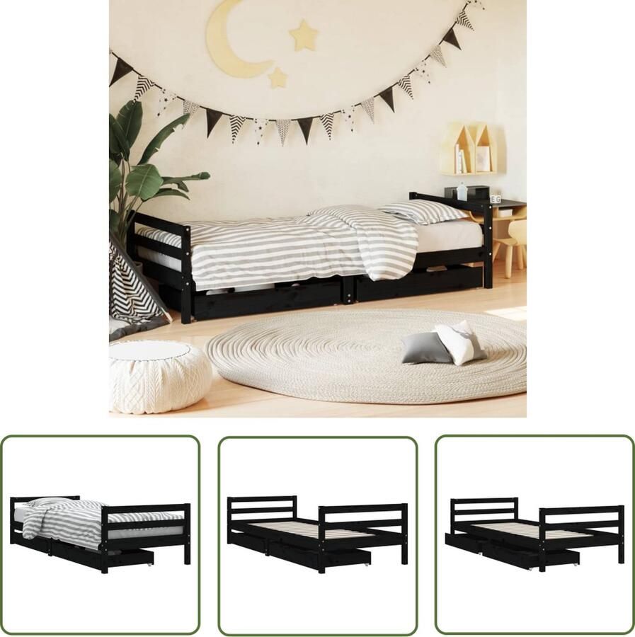 The Living Store Kinderbedframe met lades 90x200 cm massief grenenhout zwart Kinderbed Frame Massief Hout Bed Grenenhout Bed Zwarte Kinderkamer Kids Bedroom Furniture