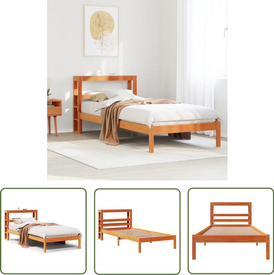 VidaXL Bedframe met hoofdbord massief grenenhout wasbruin 90x200 cm Bedframe Massief Hout Grenenhout Bed Slaapkamers