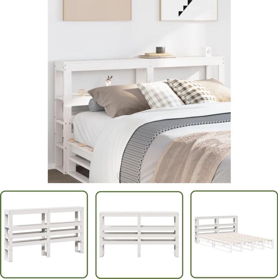 The Living Store Hoofdbord met schappen 120 cm massief grenenhout wit Hoofdbord Massief Hout Grenen Opbergvakken Slaapkamers