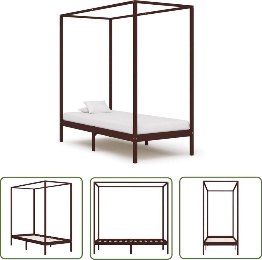 The Living Store Hemelbedframe Massief hout 204 x 104 x 200 cm Donkerbruin Hemelbed Massief Houten Bed Grenenhouten Bed Tweepersoons Bed Bruine Bed