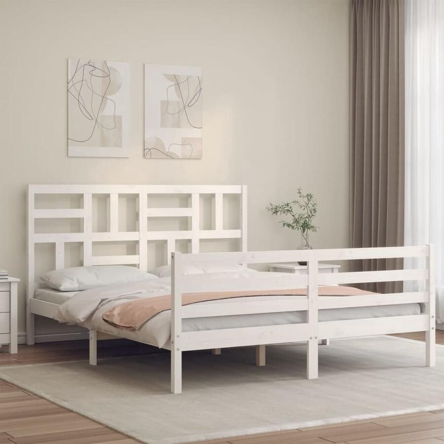 VidaXL Massief Houten Bedframe Wit 160x200 cm Massief Hout Bed Frame Grenenhout Bed Houten Bed Tweepersoons Bed Wit Bed