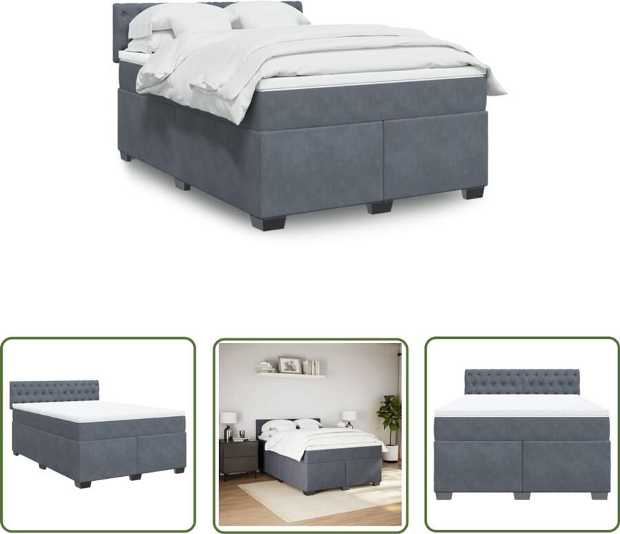 VidaXL Boxspring met matras fluweel donkergrijs 140x200 cm Boxspring Matras Fluweel Donker Grijs Slaapkamer - Foto 2