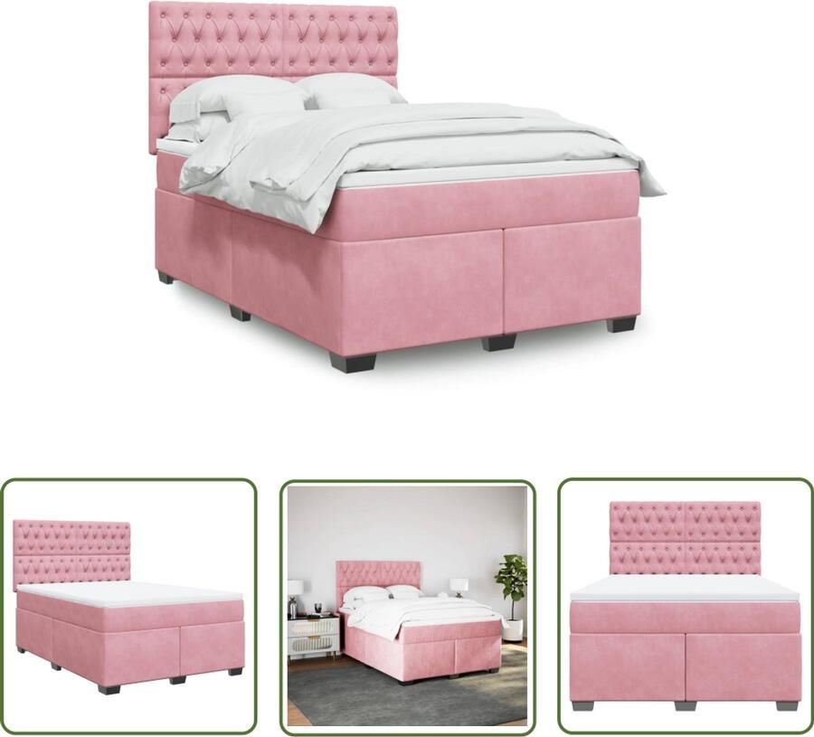 VidaXL Boxspring met matras fluweel roze 140x190 cm Boxspring Matras Fluweel Roze Bed Frame