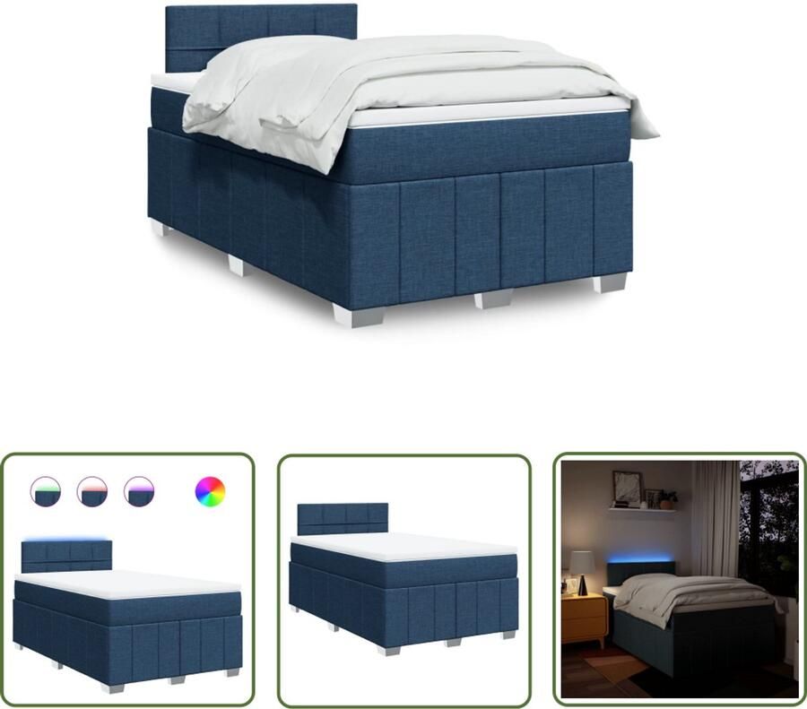 VidaXL Boxspring met matras stof blauw 120x190 cm Boxspring Matras Led Verlichting Pocketvering Blauwe Boxspring