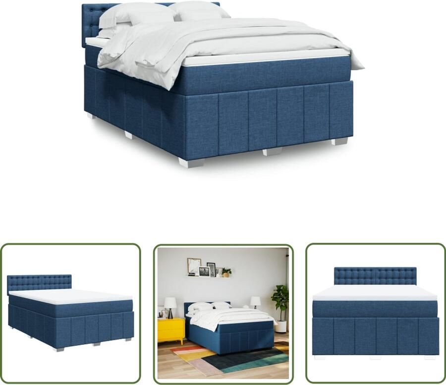 VidaXL Boxspring met matras stof blauw 140x200 cm Boxspring Matras Bed Frame Hoofdbord Pocketvering